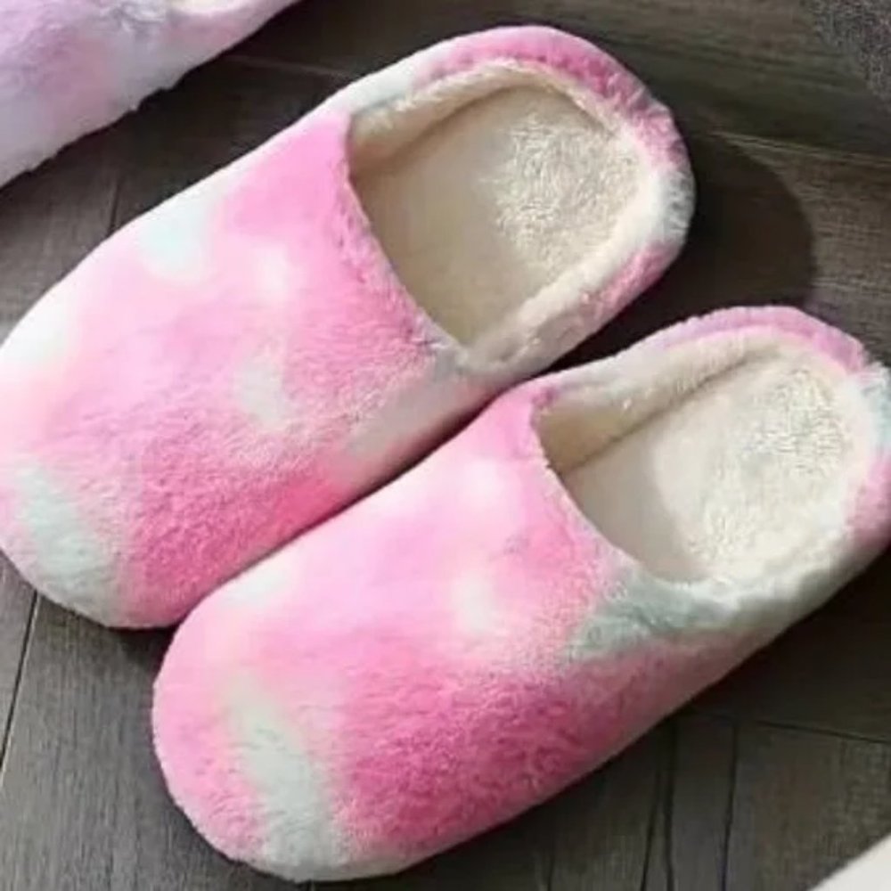 NEW Cozy Pink Tie Dye Plush Slippers Warm Winter Comfy Non-Slip Size 8 - 9